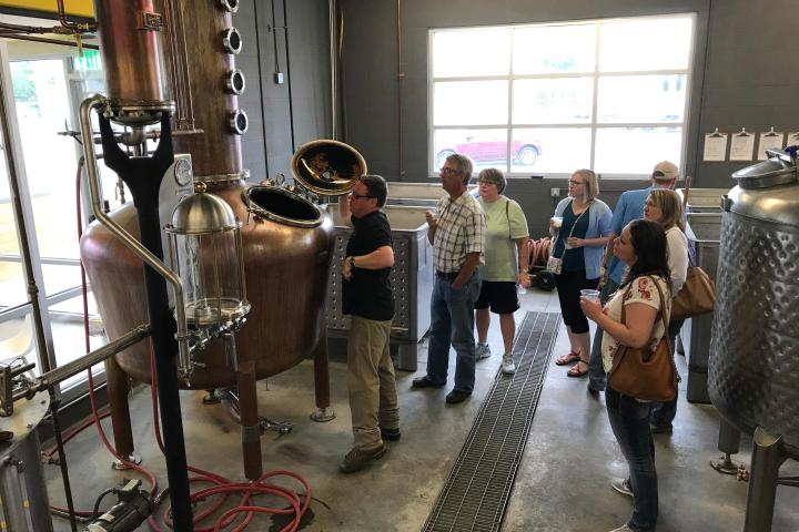 a group of people standing in a room